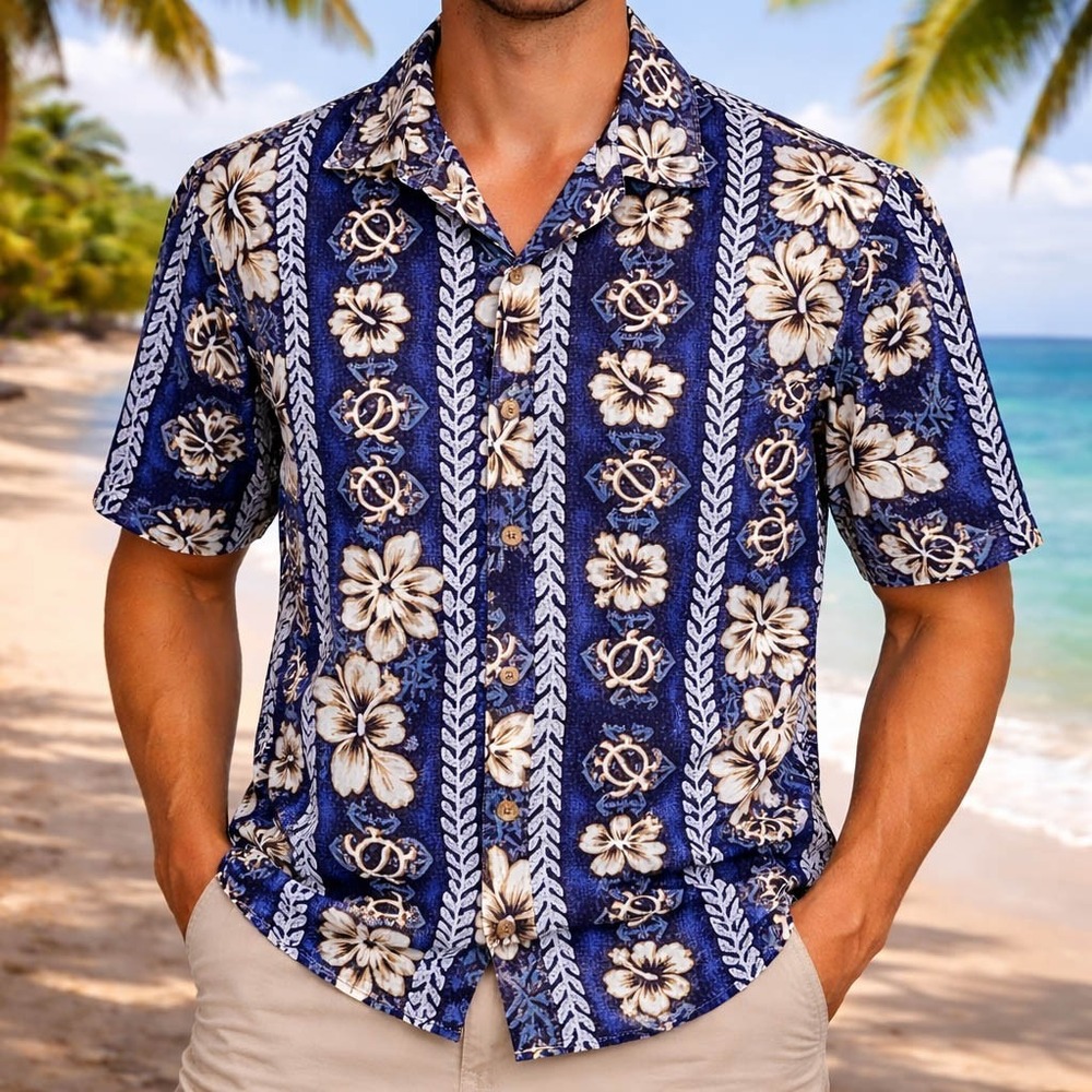 Pali Hawaiian Aloha Shirt Small‎ Hibiscus Flowers Turtles Tribal Dark Blue White
